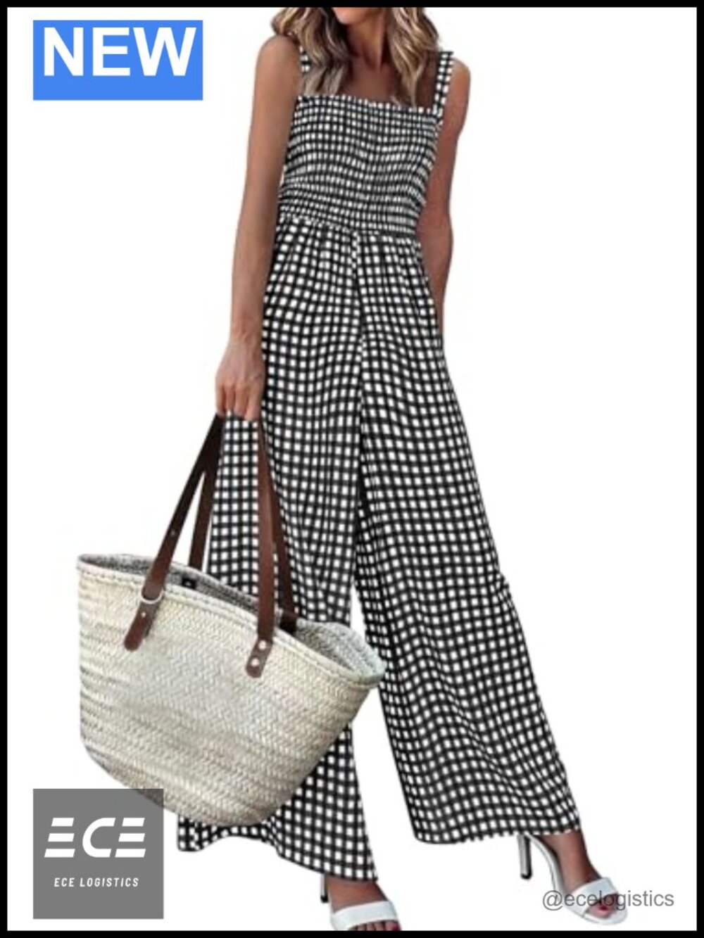 Womens Gingham Wide Leg Jumpsuit Smocked Sleeveless One Piece Romper